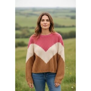 Harper Heritage‎ Chevron Colorblock Knit Sweater Pink White Brown Size L